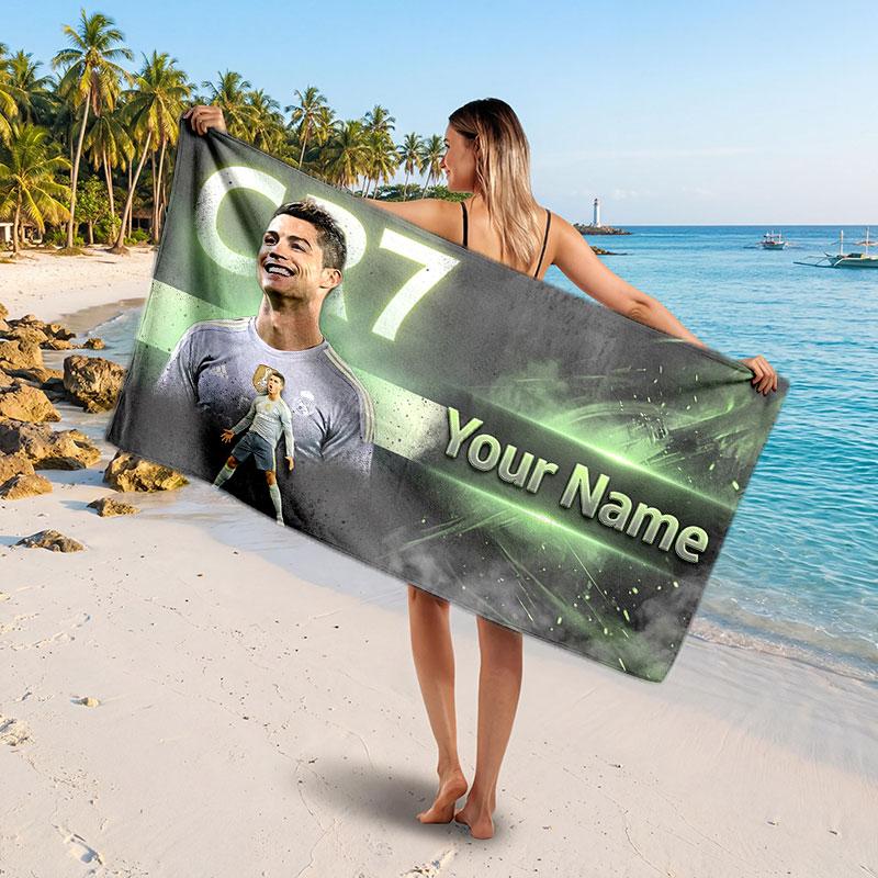 Cristiano Ronaldo Custom Beach Towel, Personalized Name Text Print, Football Logo Soft Quick‑Dry Towel Holiday Gift