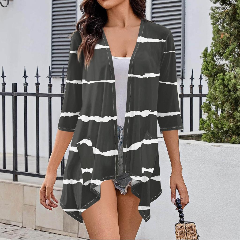 Женский кардиган неправильной формы с принтом, рукавами три четверти и карманной курткой