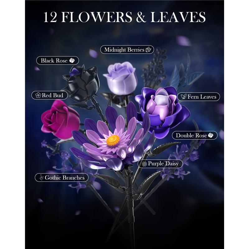 1218PCS Dark Romance Gothic Bouquet Building Blocks Flower With Vase Model Educational DIY Home Decoration Gift For Kids Adults
