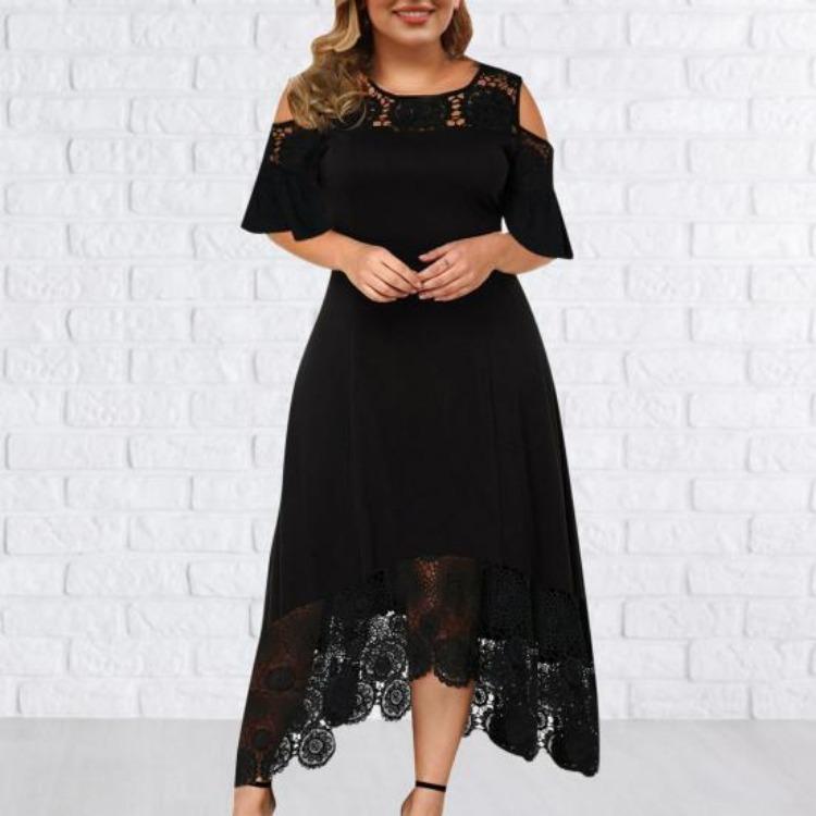Платье с расклешенной юбкой и открытыми плечами, большого размера для женщин, с высокой талией, вышивкой, кружевной вставкой, короткими рукавами