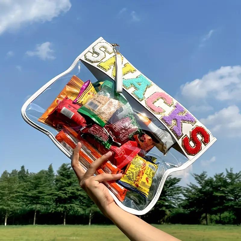 Transparent PVC Zipper Snack Bag with Embroidered Letters - Portable PU Waterproof Makeup and Toiletry Handbag