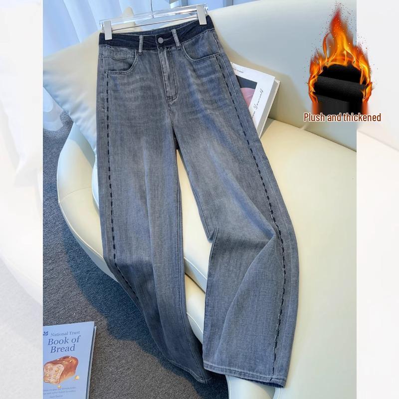 Женские джинсы палаццо премиум-класса серого цвета на флисовой подкладке - Осень/Зима 2024 Вышитые с высокой посадкой Свободного кроя