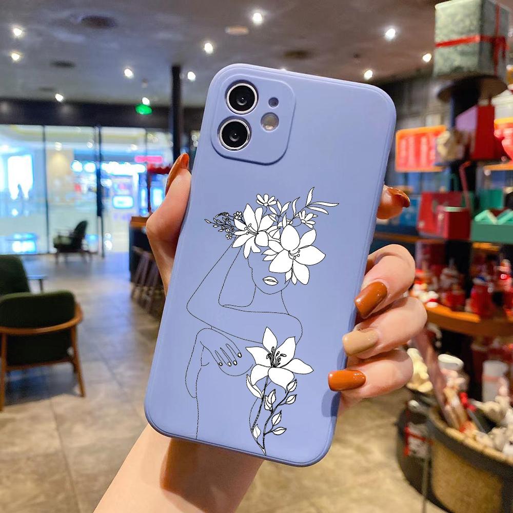Чехол для телефона из жидкого силикона Sexy Art Girl Line Flower для iPhone 14 11 12 13 Pro Max Mini X XS XR 7 8 Plus SE