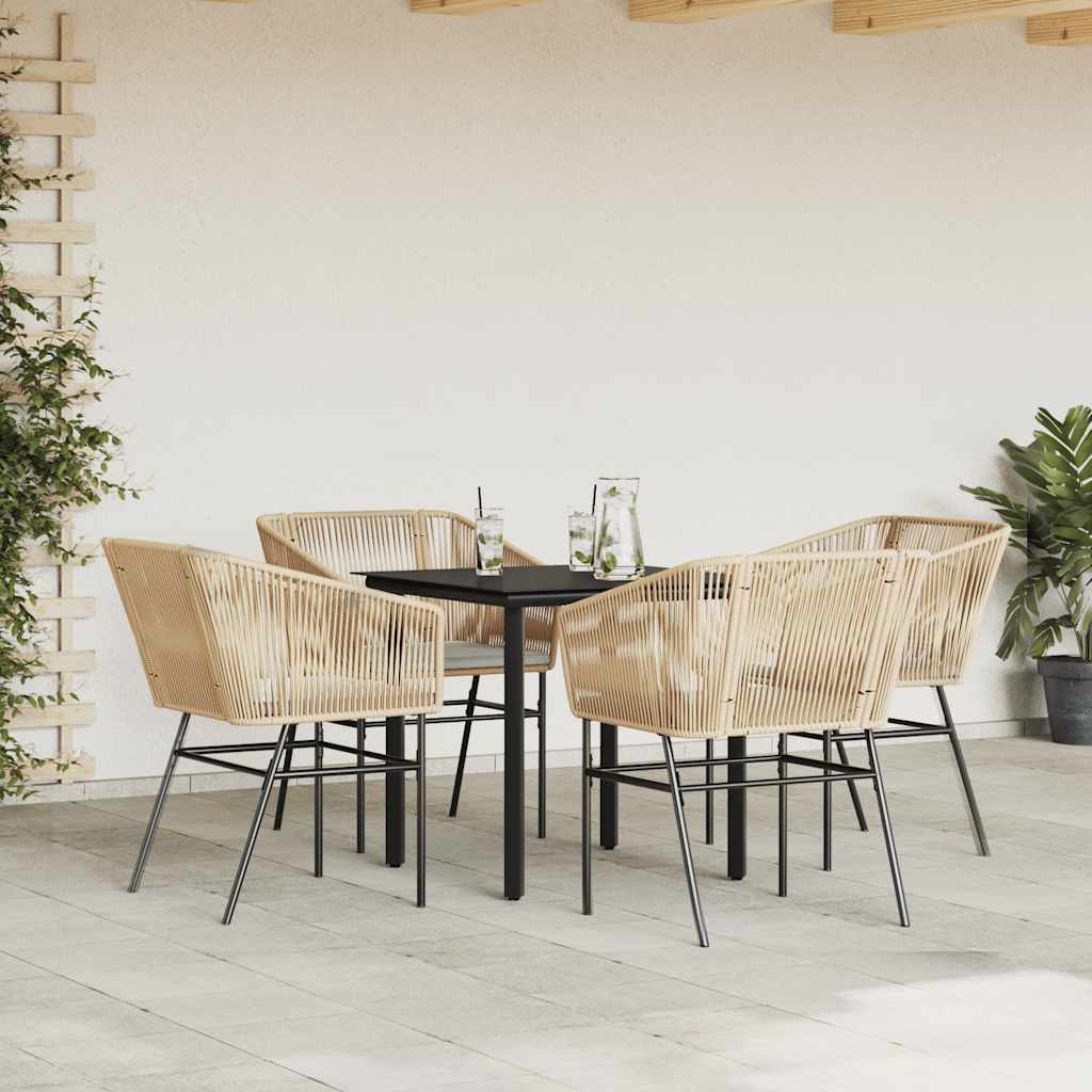 5 Piece Outdoor Dining Set with Cushions Brown Poly Rattan Glass Table
