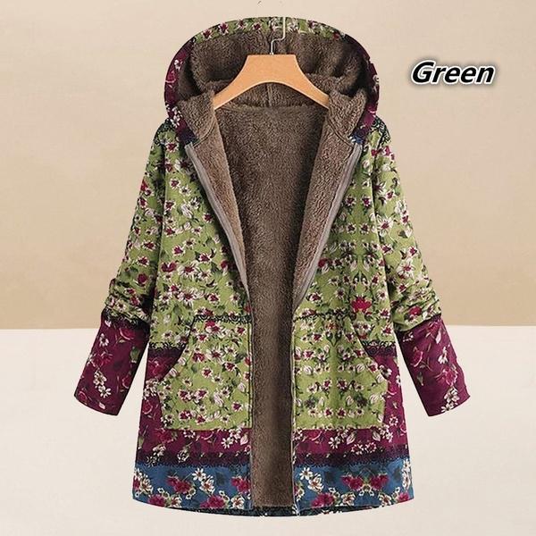 Женское пальто с капюшоном и принтом в виде листьев, винтажная куртка с длинным рукавом и цветочным принтом, зимняя утепленная верхняя одежда больших размеров S-5XL