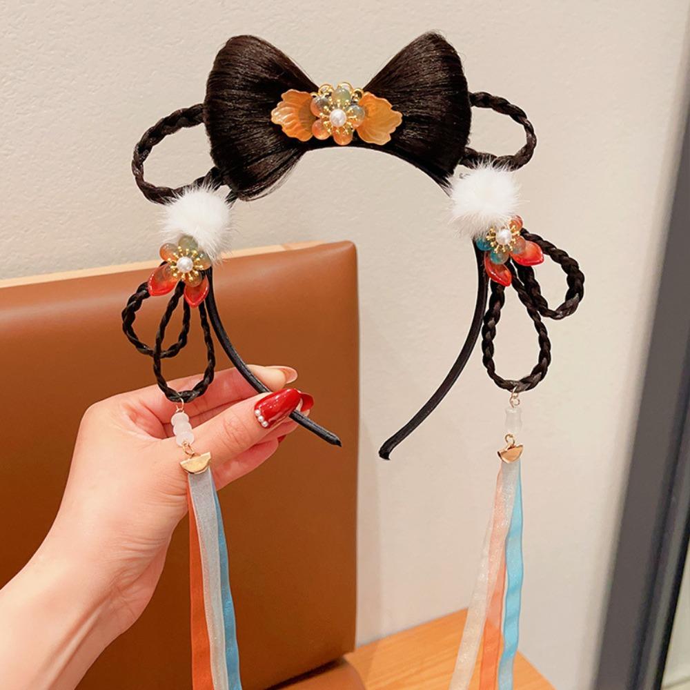 Braid Hair Chinese New Year Headwear Flower Hanfu Hair Sticks All-match Red Bow Hairband Girls