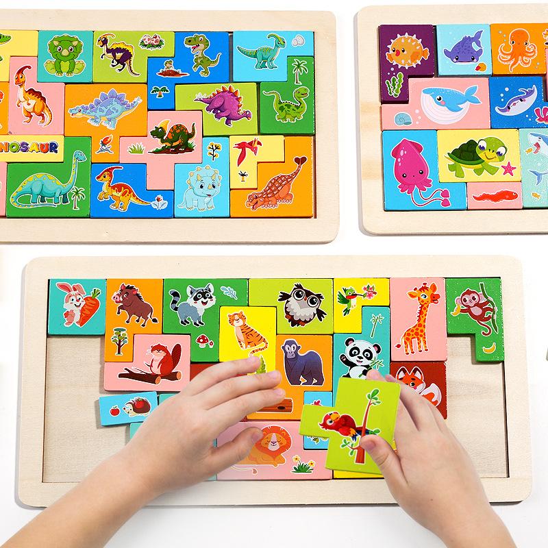 Wooden Children's Fun Traffic Theme Square Puzzle Baby Animal Cognition Puzzle Puzzle Early Education Toy