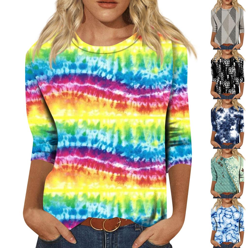 Рубашки с рукавом 3/4 для женщин, милые топы, футболки с рисунком, блузки, повседневные базовые топы больших размеров, пуловеры