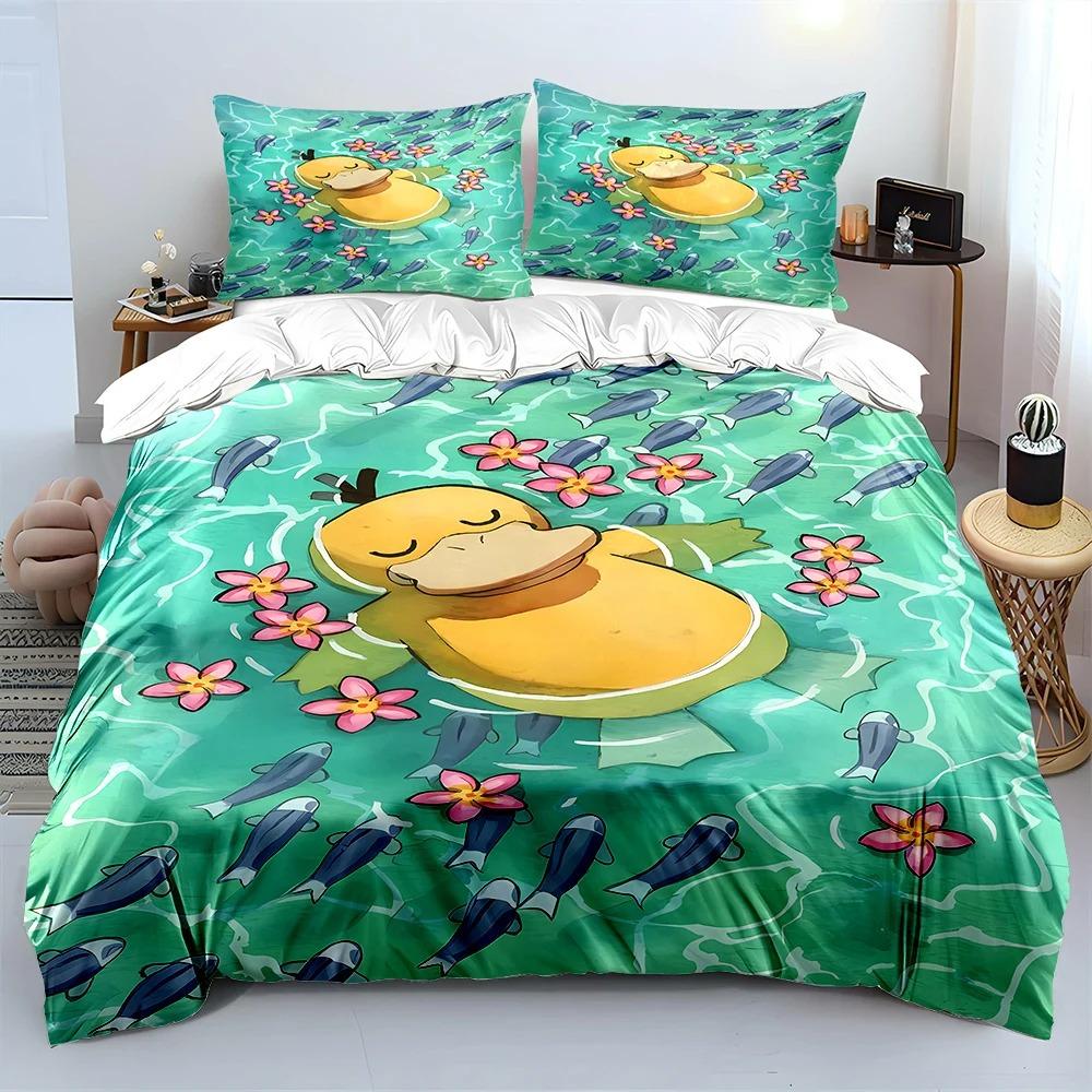 Cartoon Psyduck Bedding Sets Exquisite Bed Supplies Set Duvet Cover Bed Comforter Set Bedroom Decoration Birthday Gift