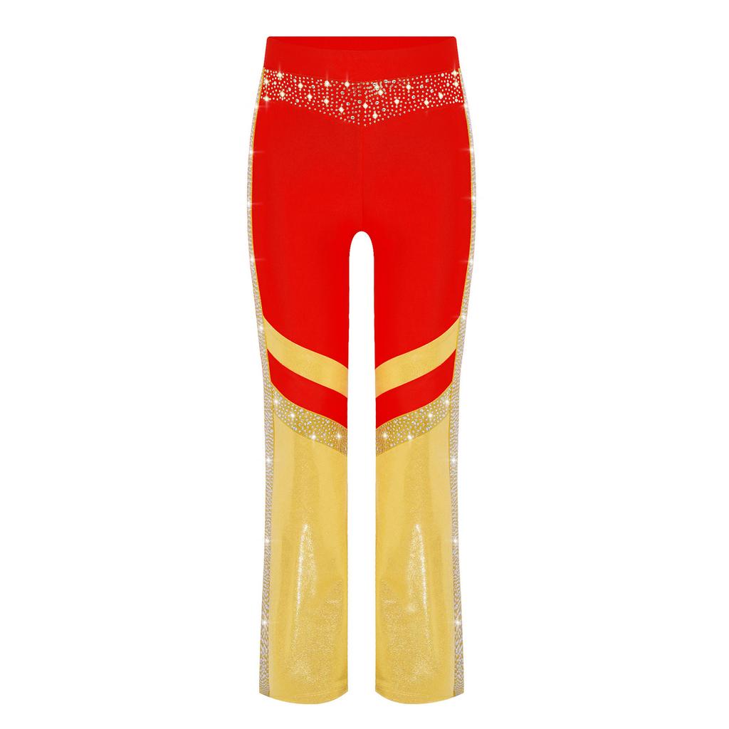 Girls Shiny Rhinestone Flared Pants Elastic Waistband Color Block Bell Bottom Gymnastics Costume