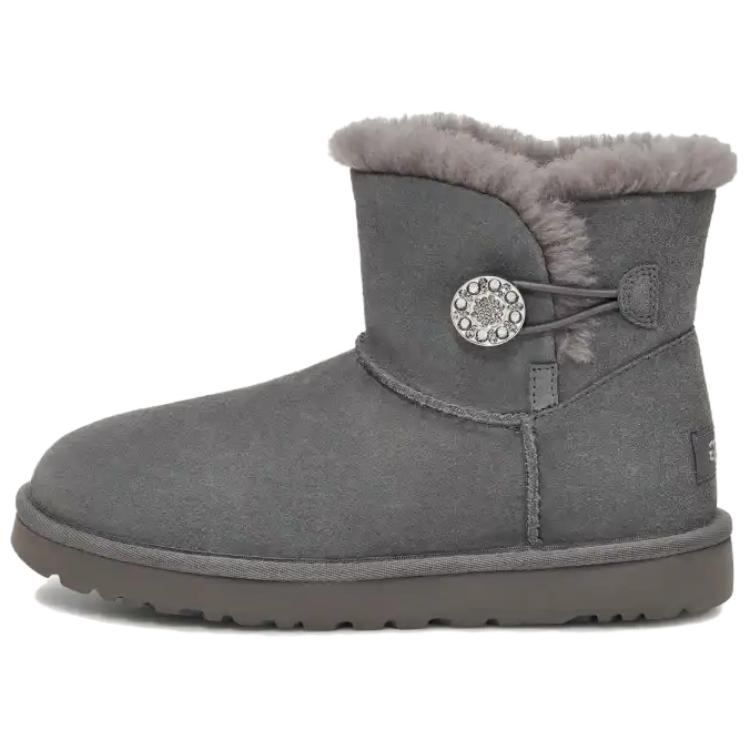 UGG MINI BAILEY BUTTON CRYSTALS Cow Split Leather Thermal Comfortable Short Snow Boots Women's Charcoal Gray 1138170-CHRC
