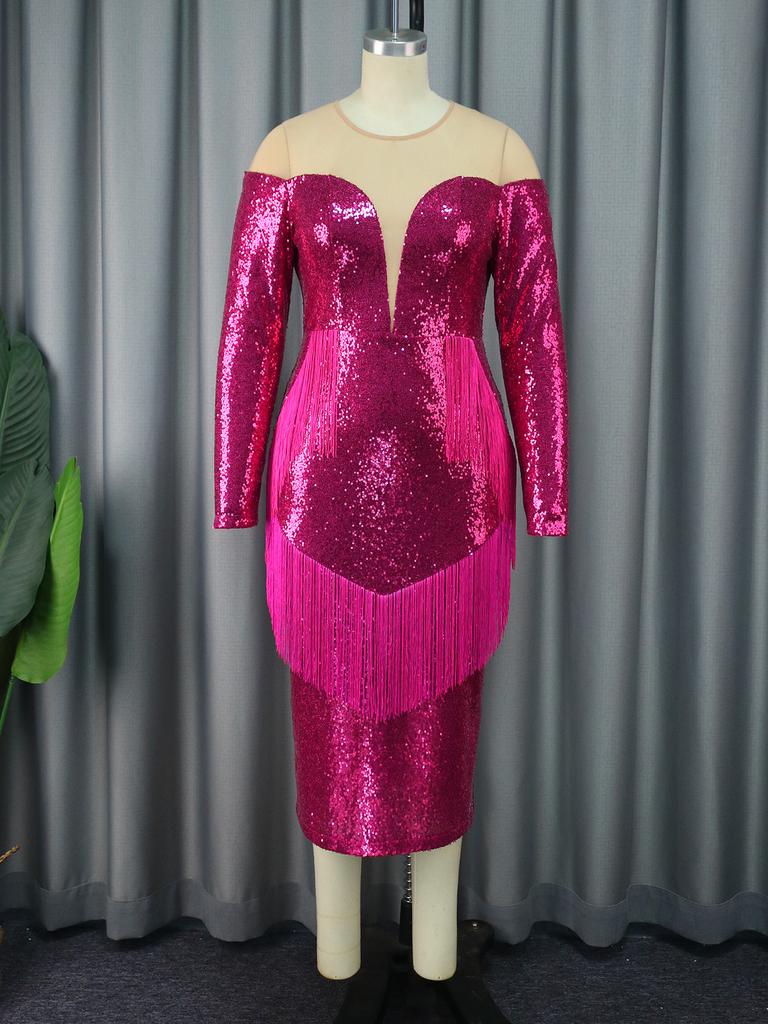 AOMEI Платья цвета фуксии с кисточками для женщин, сексуальный тюль с блестками, лоскутное роскошное блестящее вечернее платье на день рождения, коктейльное мероприятие, облегающее платье, наряд