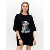 Oversized T Shirt Black Dog Print Casual Wear for Women Streetwear Fashion Loose Fit Top Summer Outfit