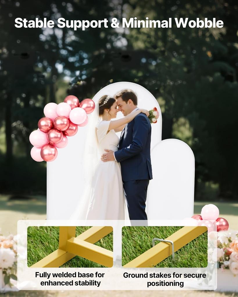 Arch Backdrop Stand, Set of 3, 1.8/1.5/1.2 m, Stable Structure, Easy Assembly, Gold Metal Arch Backdrop Stand with Cover, for Wedding, Birthday Party,