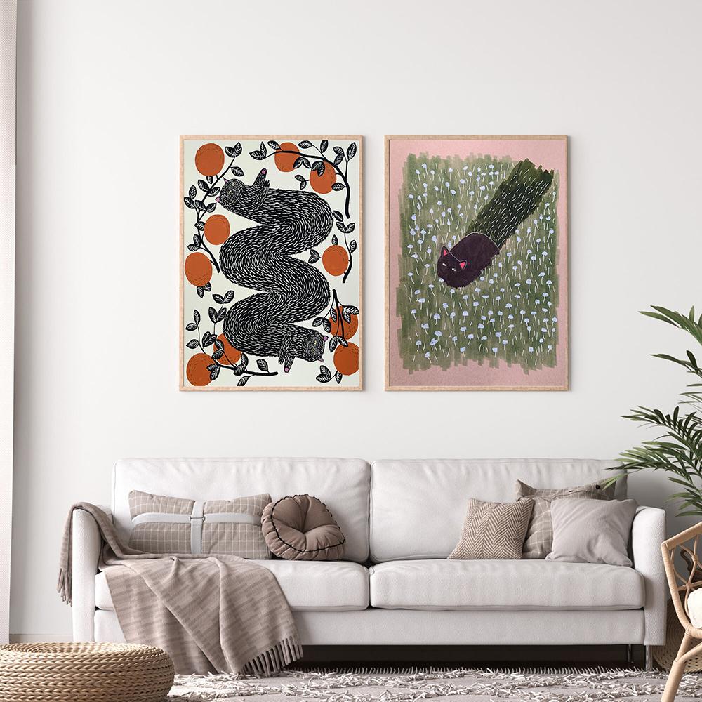 Винтажный абстрактный плакат с черным котом, четыре сезона, цветочная еда, кошачий принт, настенная картина, веселая ванная комната