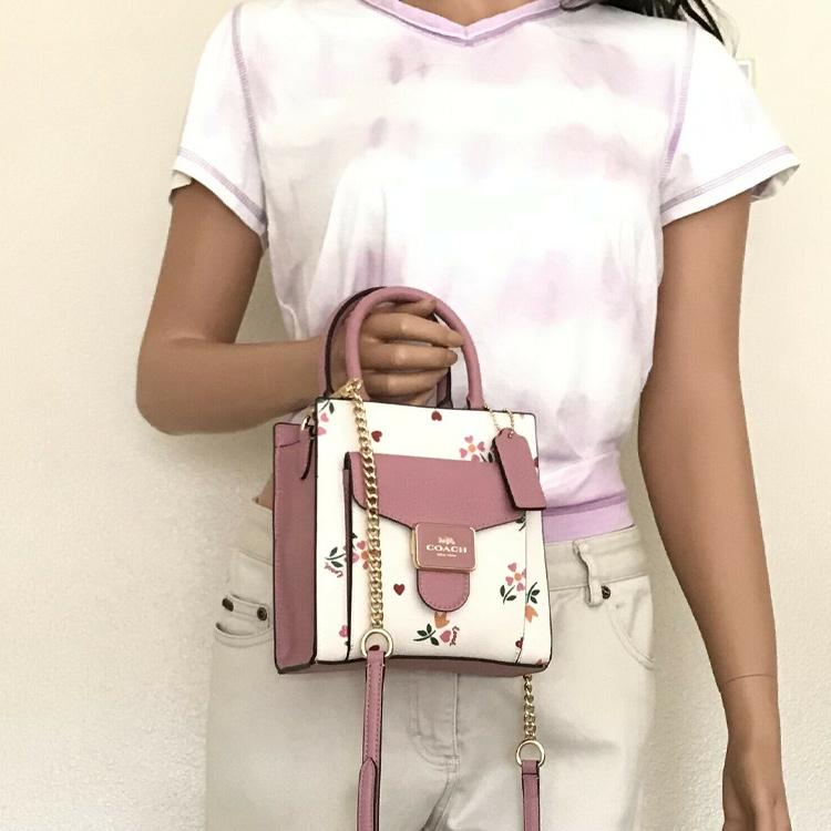 Coach Pepper 17 Heart Petal Print Magnetic Closure Canvas And Leather Mini Handbag Women handbag White Pink C7599-IMCAH