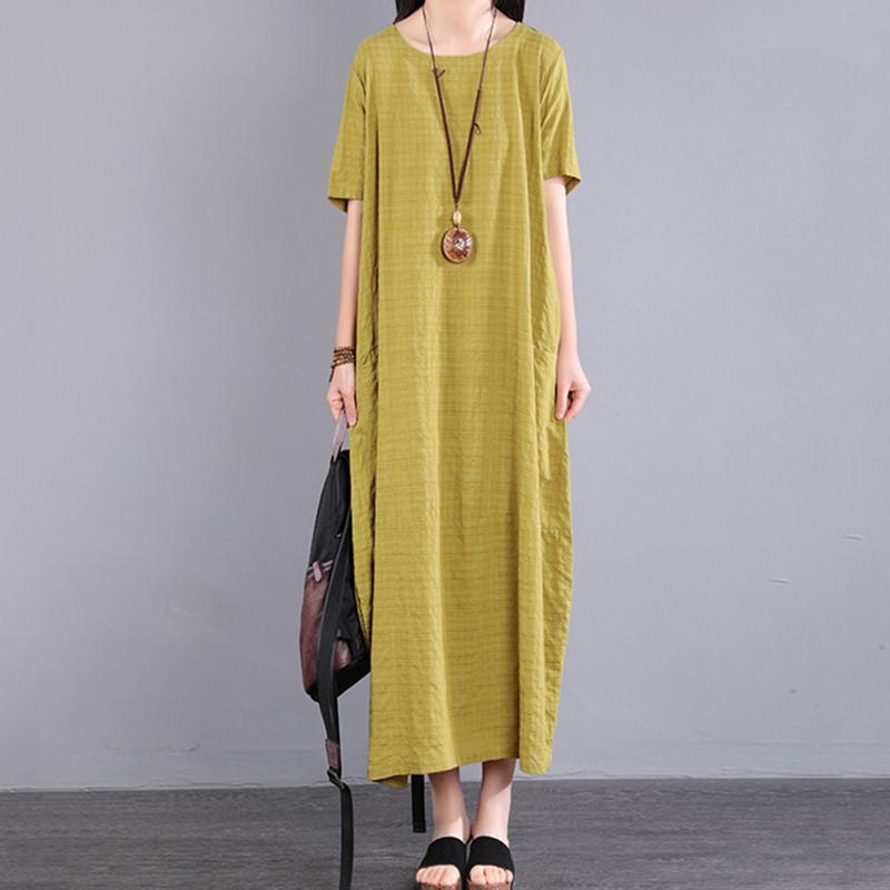 Новое хлопковое винтажное клетчатое платье больших размеров с коротким рукавом для женщин, повседневное свободное длинное летнее платье