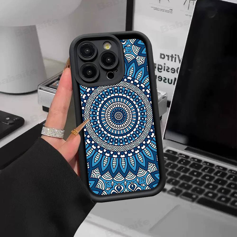 Indian Pattern Mandala Silicone Soft Phone Case For IPhone 17 16 15 14 Plus 13 12 Mini 11 Black Cover