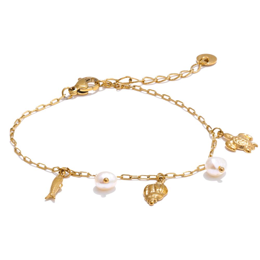 Yhpup Ocean Style Summer Accessories Natural Pearl Shell Fish Drop Chain Bracelet Bangle Stainless Steel High Quality Jewelry