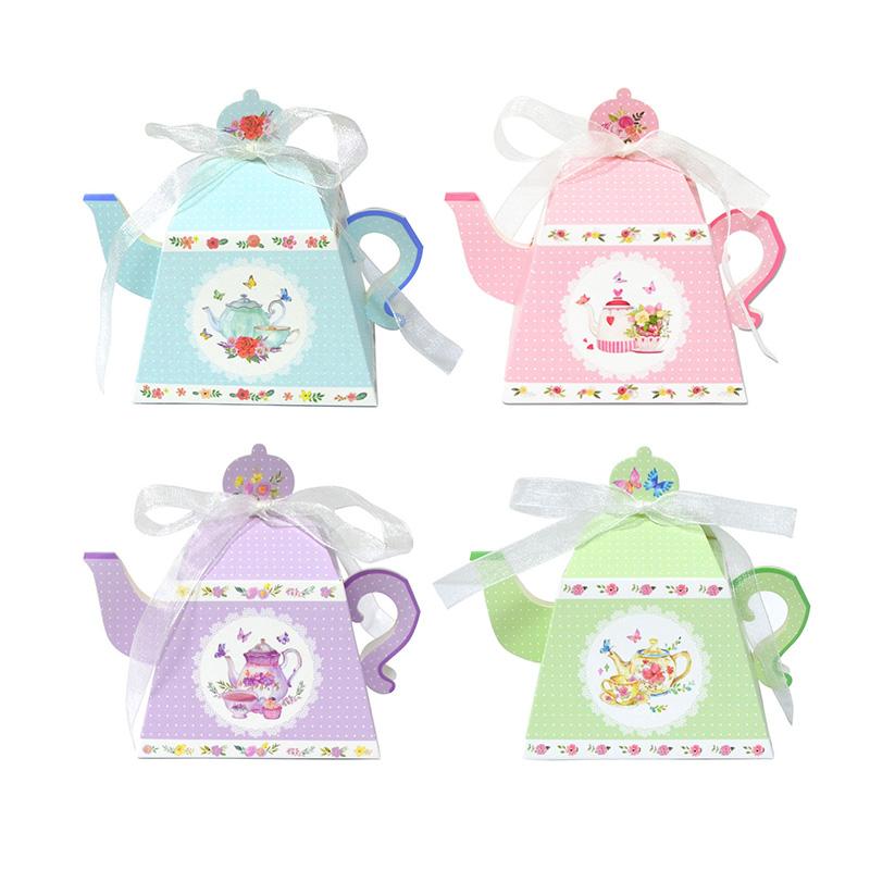 12 24Pcs Retro Teapot Paper Candy Boxes With Ribbon Wedding Birthday Party Favor Gift Packaging Decor