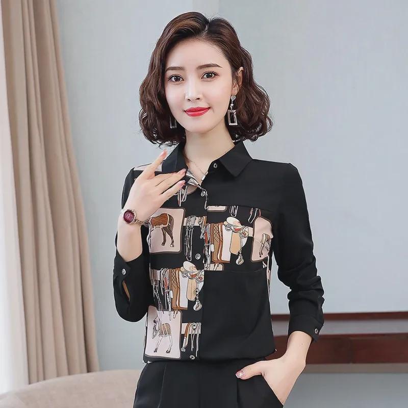 Женская ретро-рубашка с длинным рукавом из шифона с цветочным принтом для осени и весны