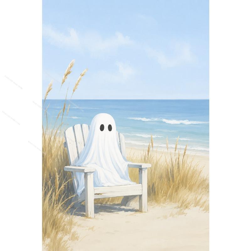 Coastal Beach Ghost Canvas Gallery Wall Prints Cute Summer Spooky Sunset Ocean Wall Art Bright Pastel Halloween Home Decor Gift