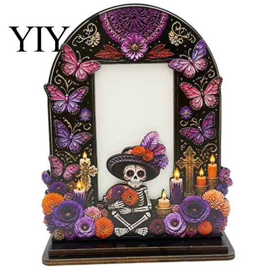 Vintage Altar Photo Holders Dia De Los Muertos Wooden Frame Tabletop Decor, Day of The Dead Retro Mexican Folk Ornaments Memorial Picture Holder