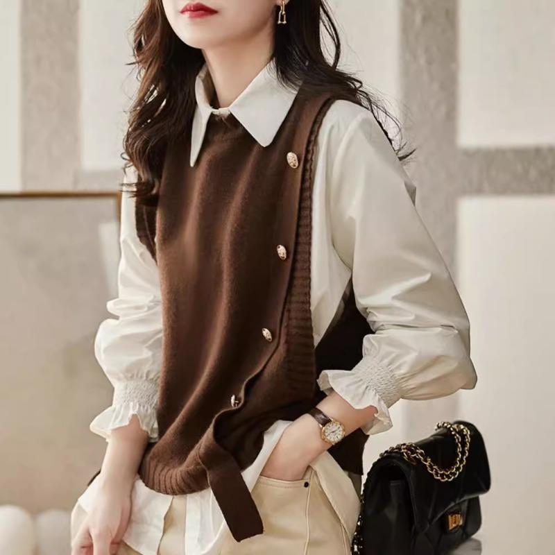 Корейский поддельный жилет с длинным рукавом, трикотажная рубашка, женский свободный свитер, жилет, топ на осень-зиму