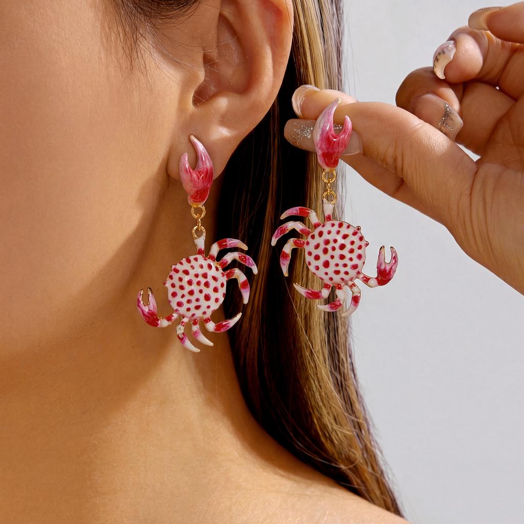 Summer Full Rhinestone Crab Earrings for Women Red Crystal Zircon Cute Sea Animal Drop Earring Beach Vacation Statement Zircon