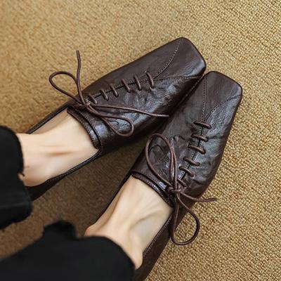 Женские туфли на низком каблуке Весна Новые с квадратным носком с глубоким вырезом на шнуровке Водонепроницаемые Противоскользящие Износостойкие Туфли с низким верхом