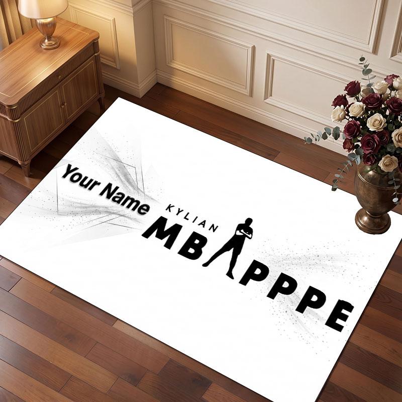Kylian Mbappe Custom Crystal Velvet Rug, Personalized Name Text Print, Football Logo Soft Non‑Slip Floor Mat Home Decor Gift