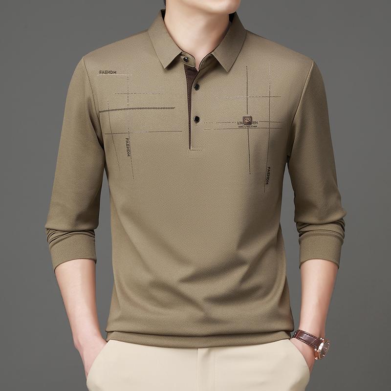 2025 Новинка Осени Мужская Футболка Поло с Длинным Рукавом для Среднего Возраста, Деловая, Удобная, Однотонная, с Воротником