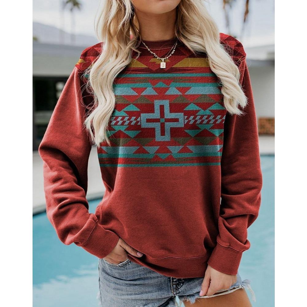 Women's Casual Hoodie Ethnic Western Style Print Sweatshirts Long Sleeved T-shirt O Neck Hoody Women Hoodies Female Autumn Tops