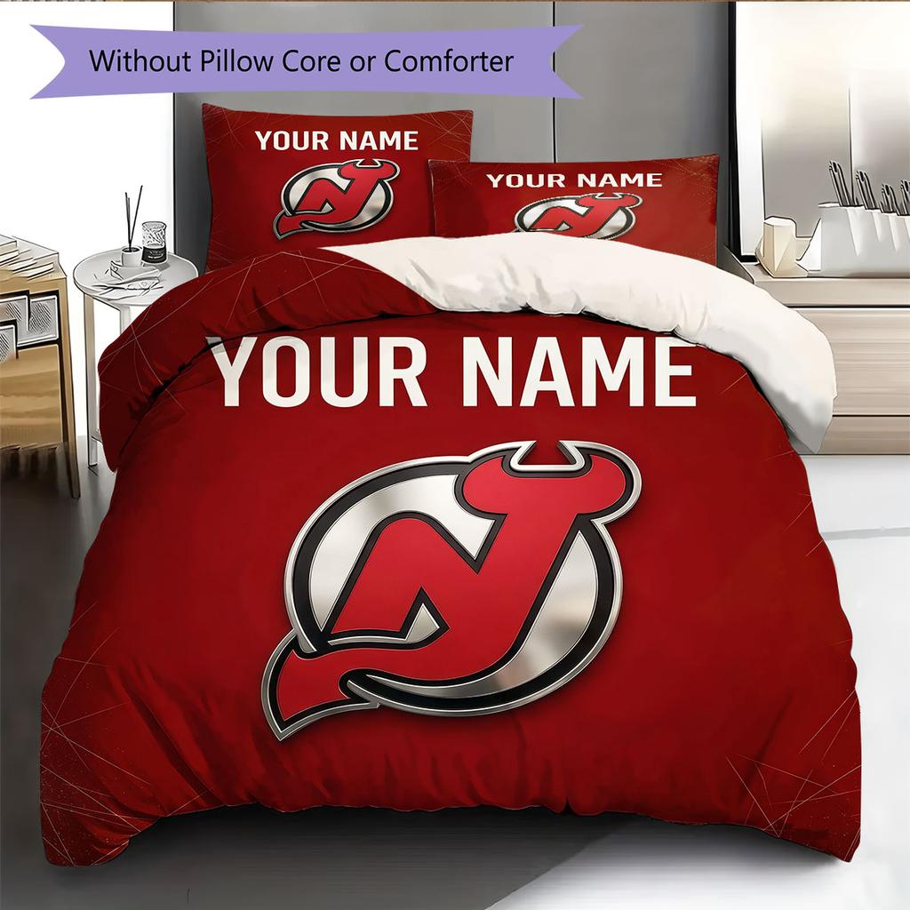 Custom Name,New Jersey Devils Pattern Bedding Home Decoration Birthday Gift ( 1 duvet cover + 2 pillowcase, without core),fan merchandise.