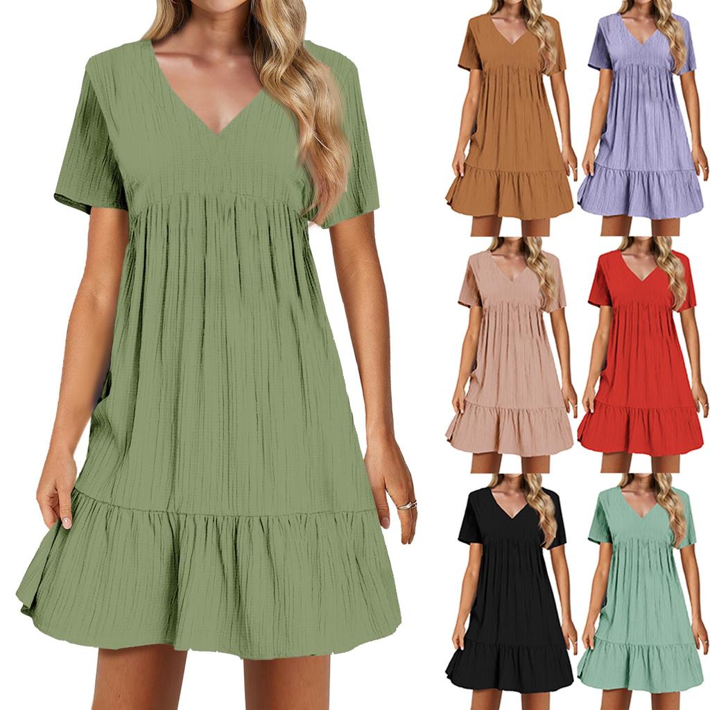 Ladies Casual Sexy Solid Color V-neck Loose Patchwork Short Sleeve Dress