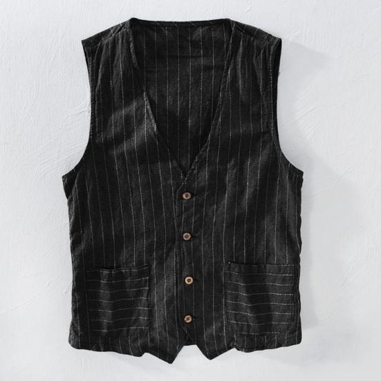 British Style Men Waistcoat V-neck Collarless Sleeveless Striped Print Vest Coat with Pockets Single Breasted Vest