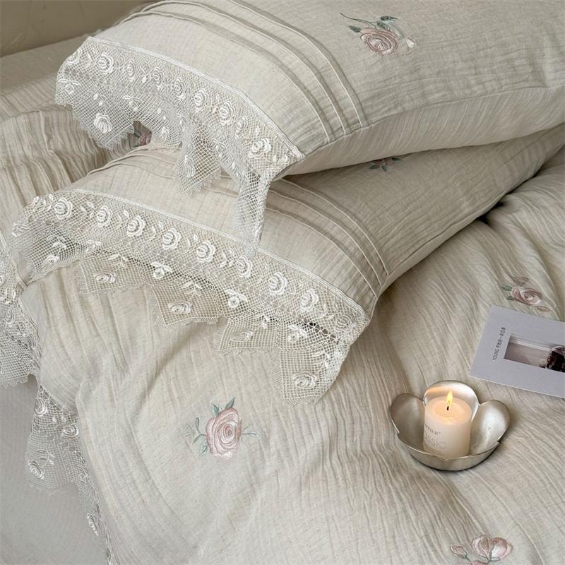 Elegant Rose Embroidery Lace Edge Linen Cotton Bedding Set Double Queen King Size Duvet Cover Flat/Fitted Sheet Pillowcases 4Pcs