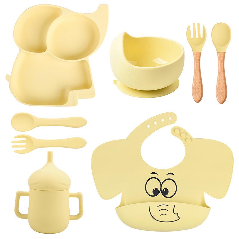 8 шт./компл. набор силиконовой посуды «Слоненок», детские блюда для кормления, миска без бисфенола А, тарелка, нагрудники, наборы ложек и вилок, детская нескользящая посуда