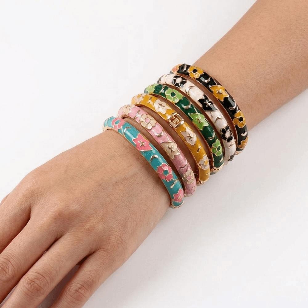 Enamel Vintage Cloisonne Bangle Traditional Women's Hand Bracelet Flower Bangle Ladies