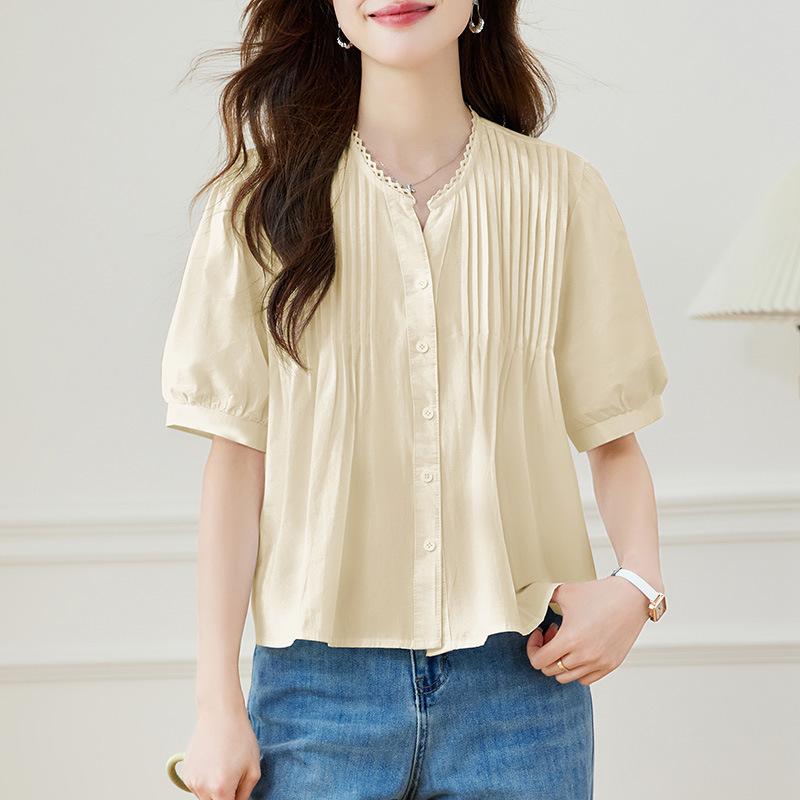 Летняя Новая Белая Блузка с V-образным вырезом и короткими рукавами-буфами, Женская Тонкая Шикарная Топ-Рубашка