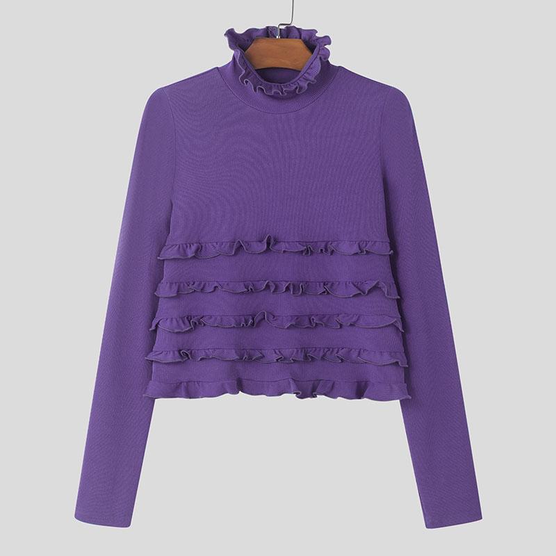 INCERUN Мужские топы с высоким воротом и длинным рукавом, облегающие, с оборками, короткие, майки