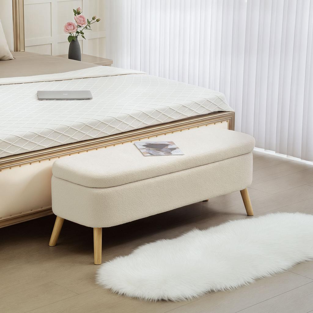 Storage Bench, Seating Bench with 65 L Storage Space, Teddy Fleece Fabric, Rubberwood, 120 x 42 x 45 cm, Beige