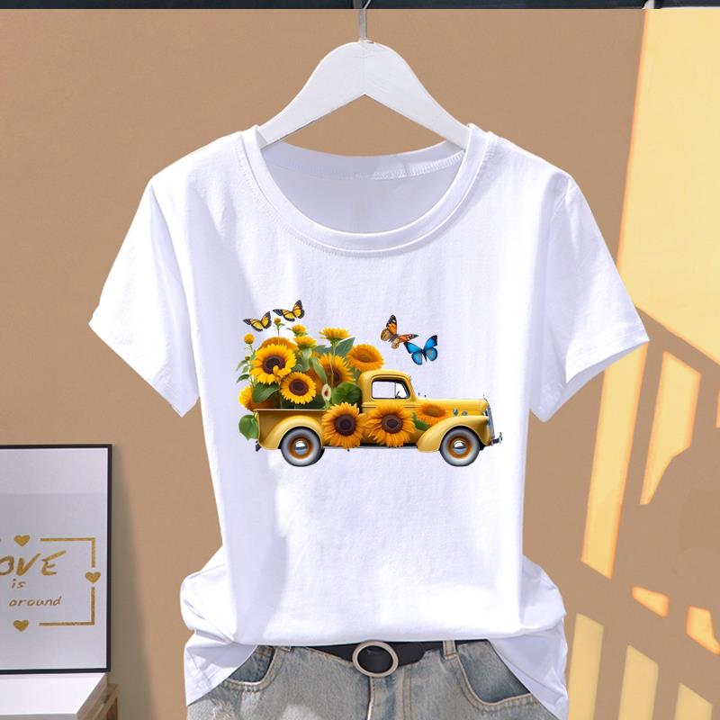 (Азиатский размер) Футболка с графическим принтом, повседневная футболка, женская повседневная футболка с принтом «Любовь, сердце, цветок», тренд, милая женская футболка с коротким рукавом