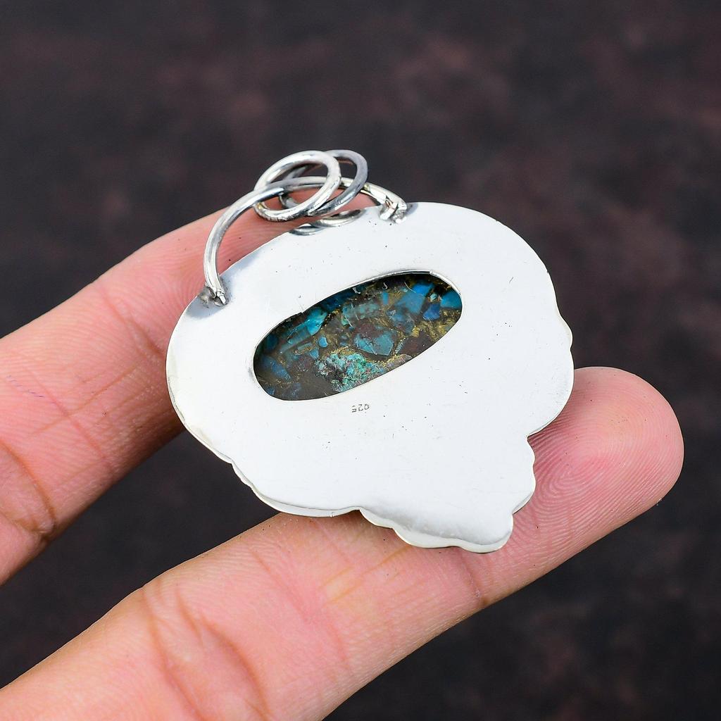 Медь Подвеска из хризоколлы Стерлингового серебра 925 пробы Подвеска из натурального драгоценного камня Ювелирные изделия ручной работы Цветочная подвеска Подарок для женщин Ювелирные изделия из целебного камня