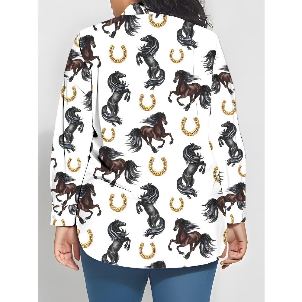 New Large Size Women's Long Sleeve Printed Shirt, Fashion Casual Button Up Lapel Shirt Women's Shirt