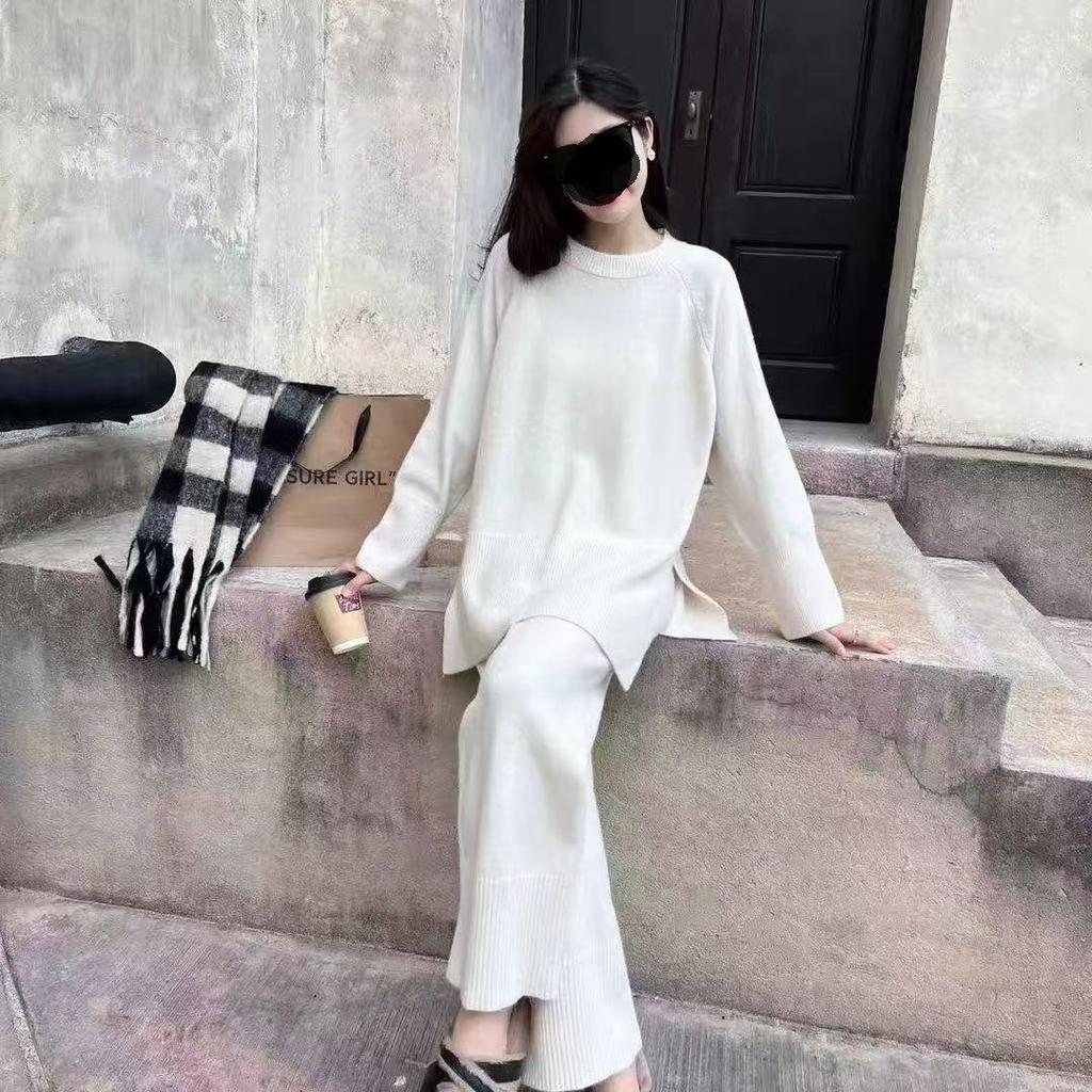 Женский комплект свитер с разрезом и брюки палаццо - Повседневный комплект-двойка в корейском стиле для осени/зимы