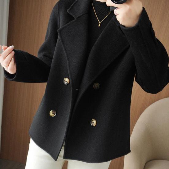 Women Fall Winter Woolen Coat Double-breasted Lapel Long Sleeve Loose Solid Color Thickened Warm Formal Business Style OL Commute Jacket