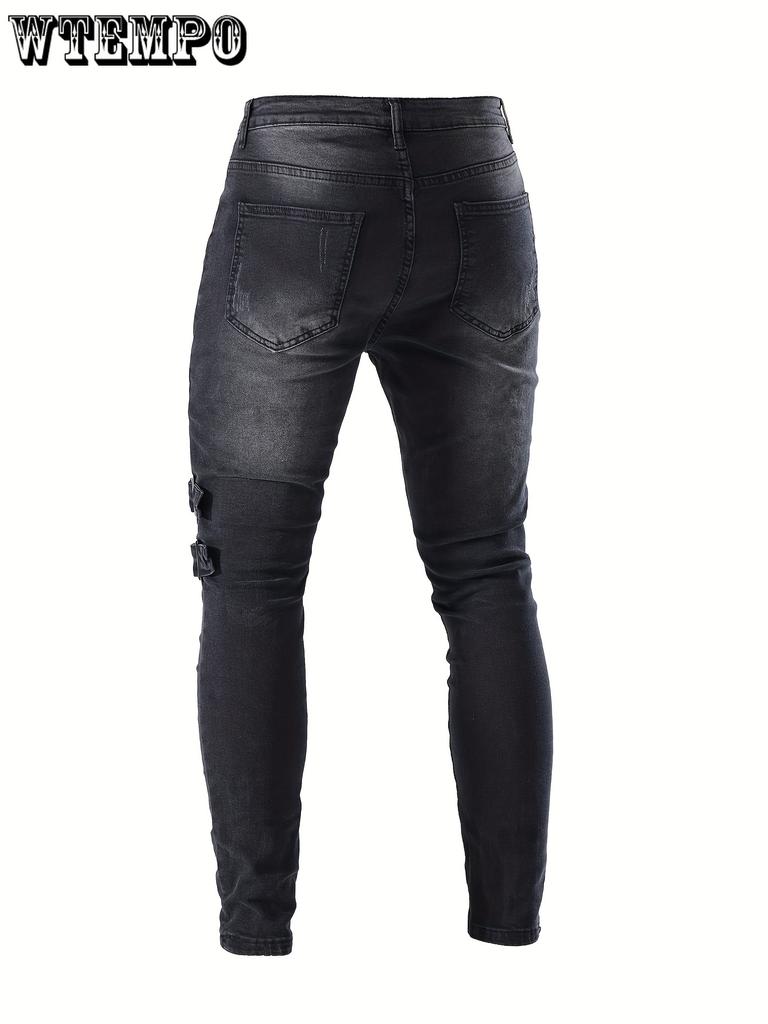 Men's Casual Skinny Biker Jeans, Chic Street Style Medium Stretch Denim Pants
