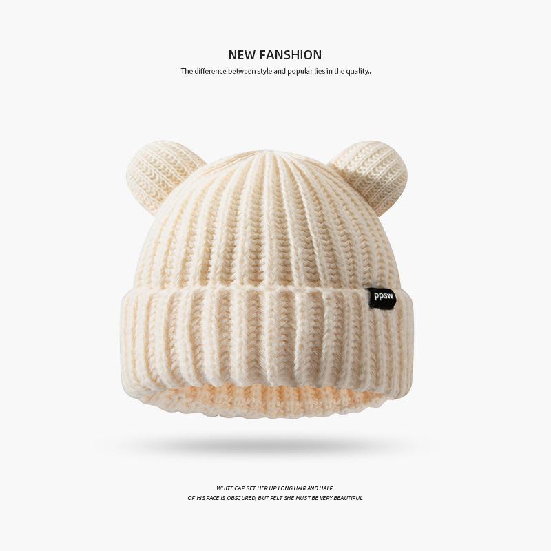 2024 Женская однотонная вязаная милая шерстяная шапка с ушками медведя для взрослых, мягкая плюшевая утолщенная наружная защита ушей для тепла, женская шапка