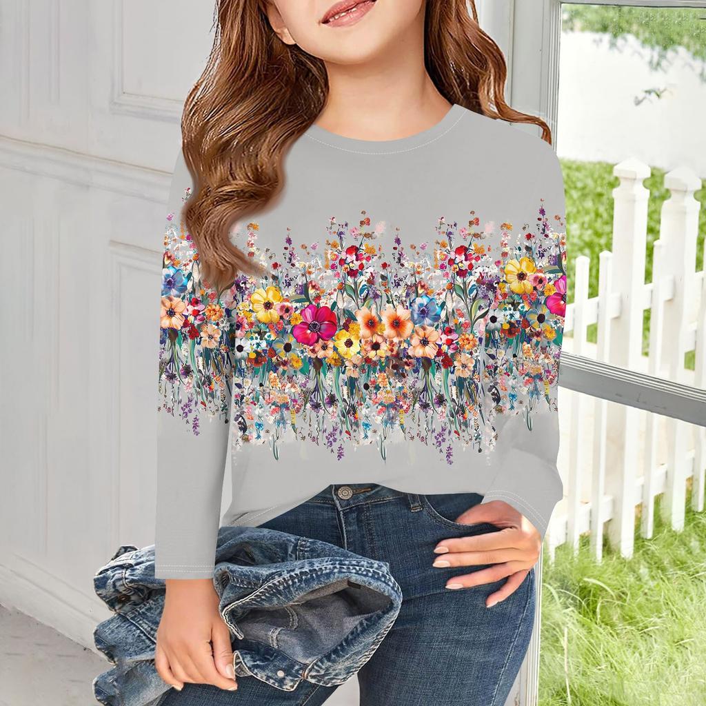 Футболки с длинным рукавом для девочек, детские осенние топы с круглым вырезом и принтом, базовые футболки для детей 5–14 лет